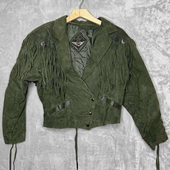 Vintage Cuir Classique IOU Jacket Womens Medium Green Suede Fringe Western 90s - Picture 1 of 16